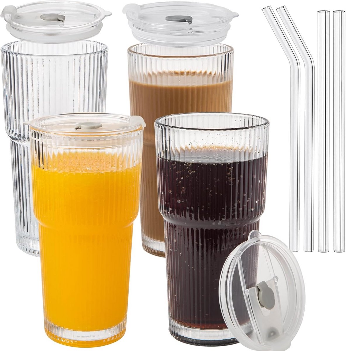 Set van 2 geribbelde glazen bekers met deksel en rietje voor Iced Coffee en Smoothies