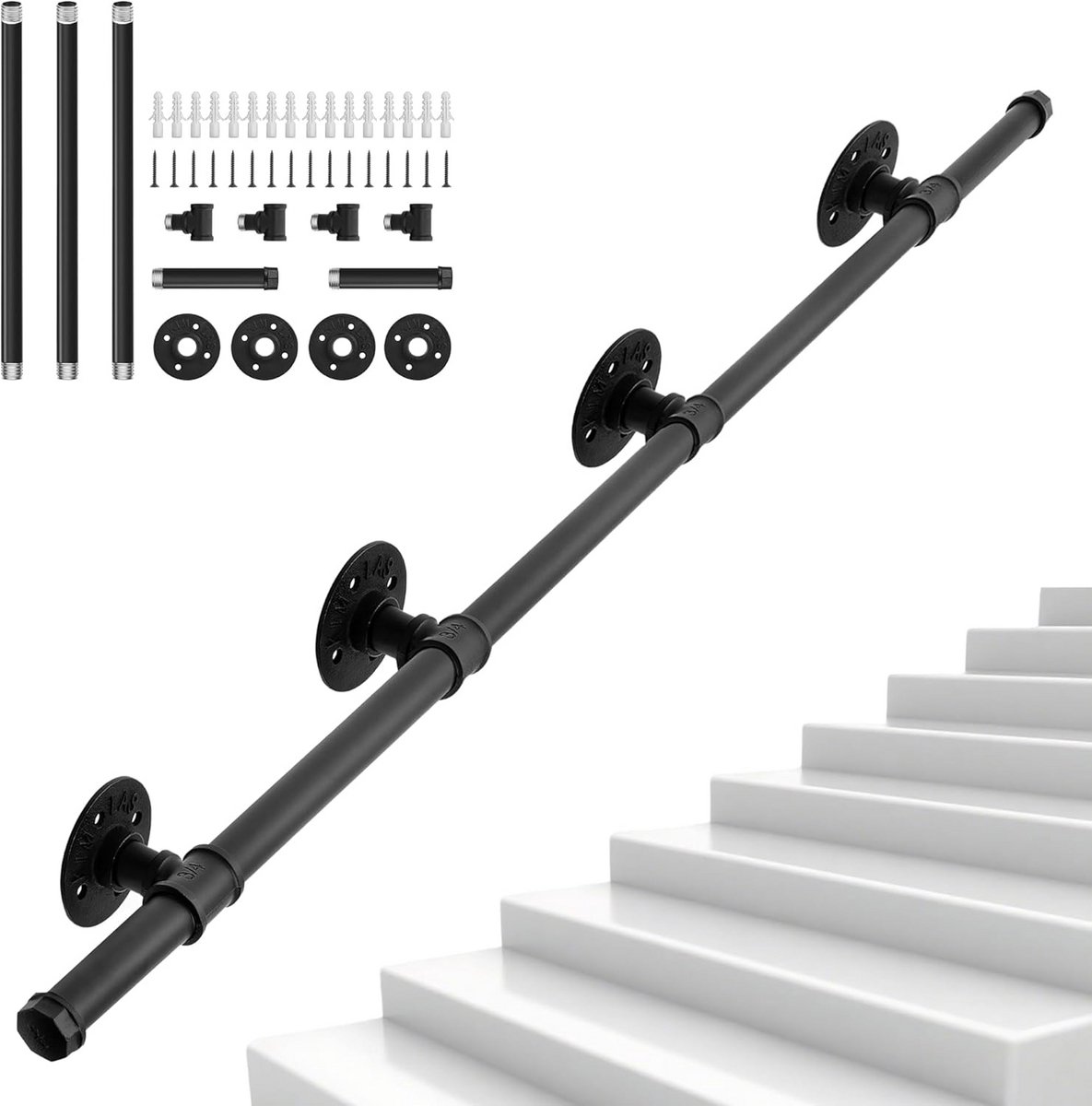 Zwarte Trapleuning Smeedijzer 245 cm voor Binnen en Buiten