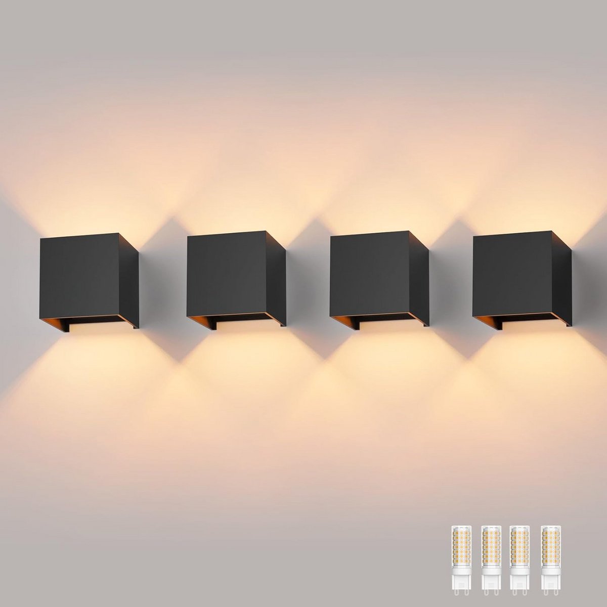 Verstelbare Wandlampen Zwart met Warm Wit Licht, Set van 4, Binnen en Buiten