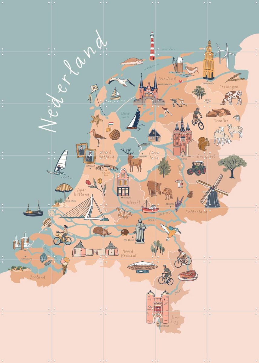 IXXI The Netherlands Illustration, Revista Ontwerp & Kunst in Kaart - 100 x 140 cm - Gratis ophangtool - Grote wanddecoratie en posters -