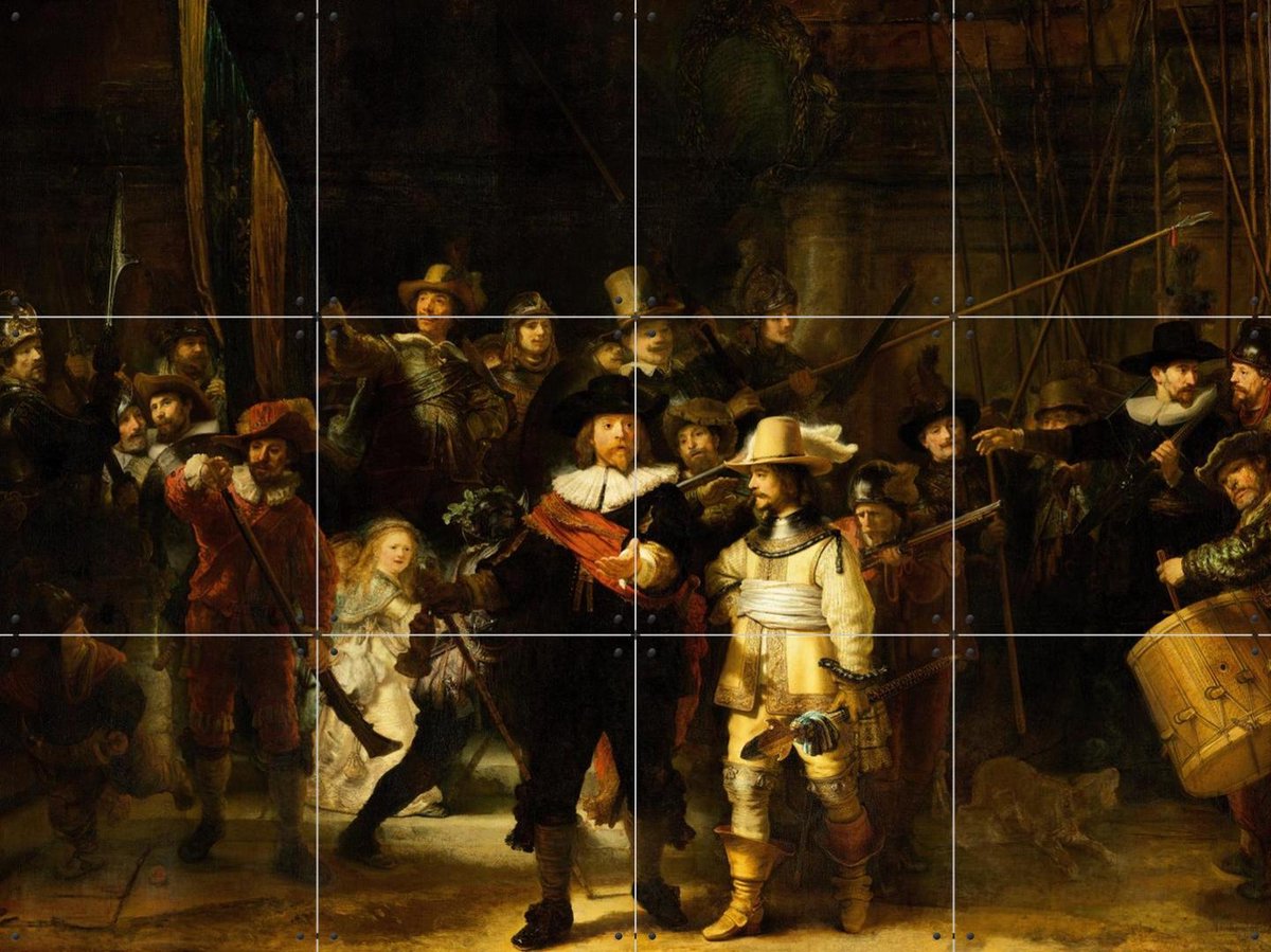 IXXI De Nachtwacht, Rembrandt van Rijn & Rijksmuseum - 80 x 60 cm - Gratis ophangtool - Grote wanddecoratie en posters - Klassiek, Olieverf