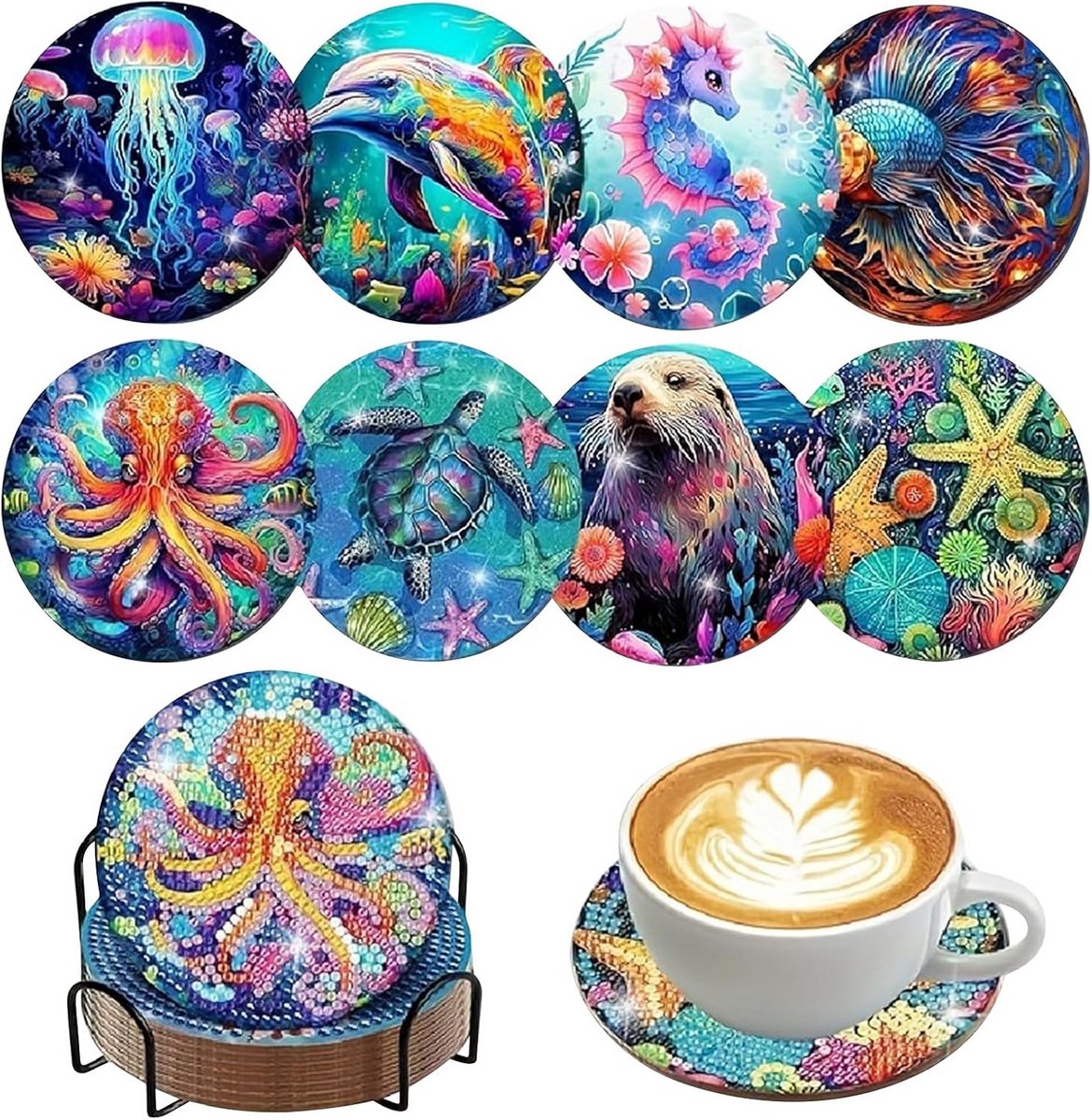 Diamond Painting Onderzetters Set met Houder - 8 Stuks DIY Plezier