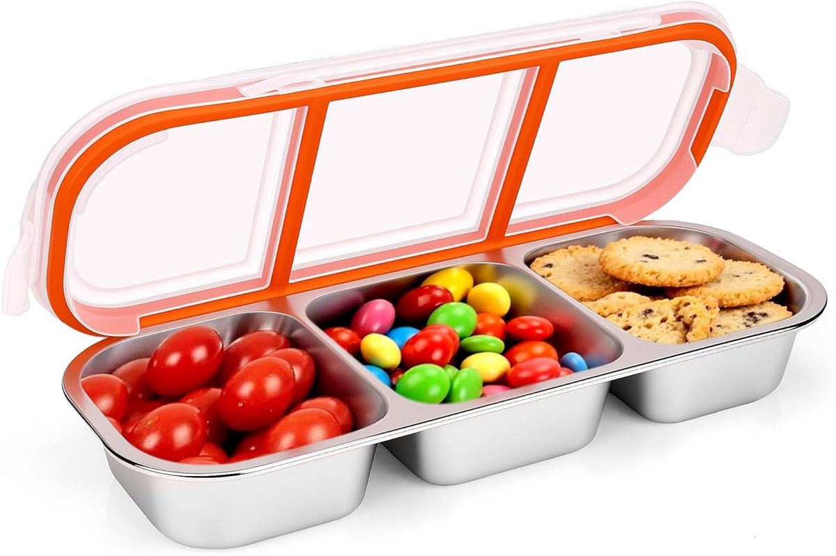 Snackcontainer met 3 Compartimenten - Roestvrij Staal - Herbruikbaar - Grote Capaciteit - Voedselopslag - Deksels - Keukenorganizer - Thuisgebruik (600 ml)