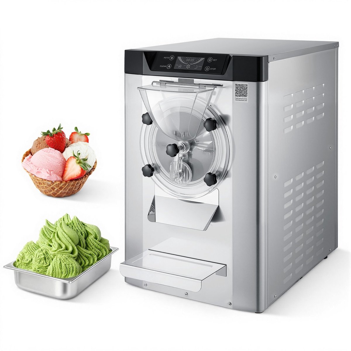 Commerciële ijsmachine - Tafelmodel gelatomachine - Vermogen 2000 W - Capaciteit 12–20 L/uur - Container 6 L RVS 304 - Zelfreinigend - LED-bedieningspaneel - Zilver