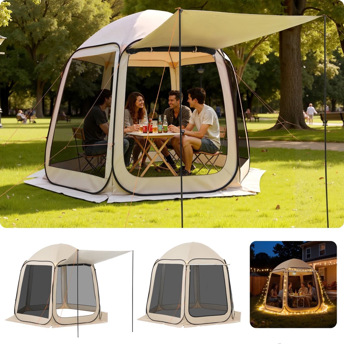 Partytent - Pop-up Tuinpaviljoen - 304,8 x 280,4 cm - Uitschuifbare Luifel - Met Zijwanden - Inclusief Draagtas - Voor 4-8 Personen - Beige