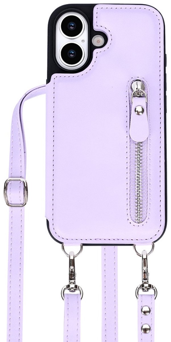 CaseBoutique Backcase hoesje geschikt voor iPhone 17 - Effen Lila - Kunstleer - Crossbody Hoesje Koord - Pasjeshouder voor 3 passen - Ritsvakje