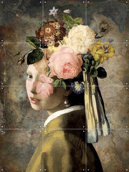 La Jeune Fille à la perle portant une robe jaune et une grande couronne de fleurs sur la tête.