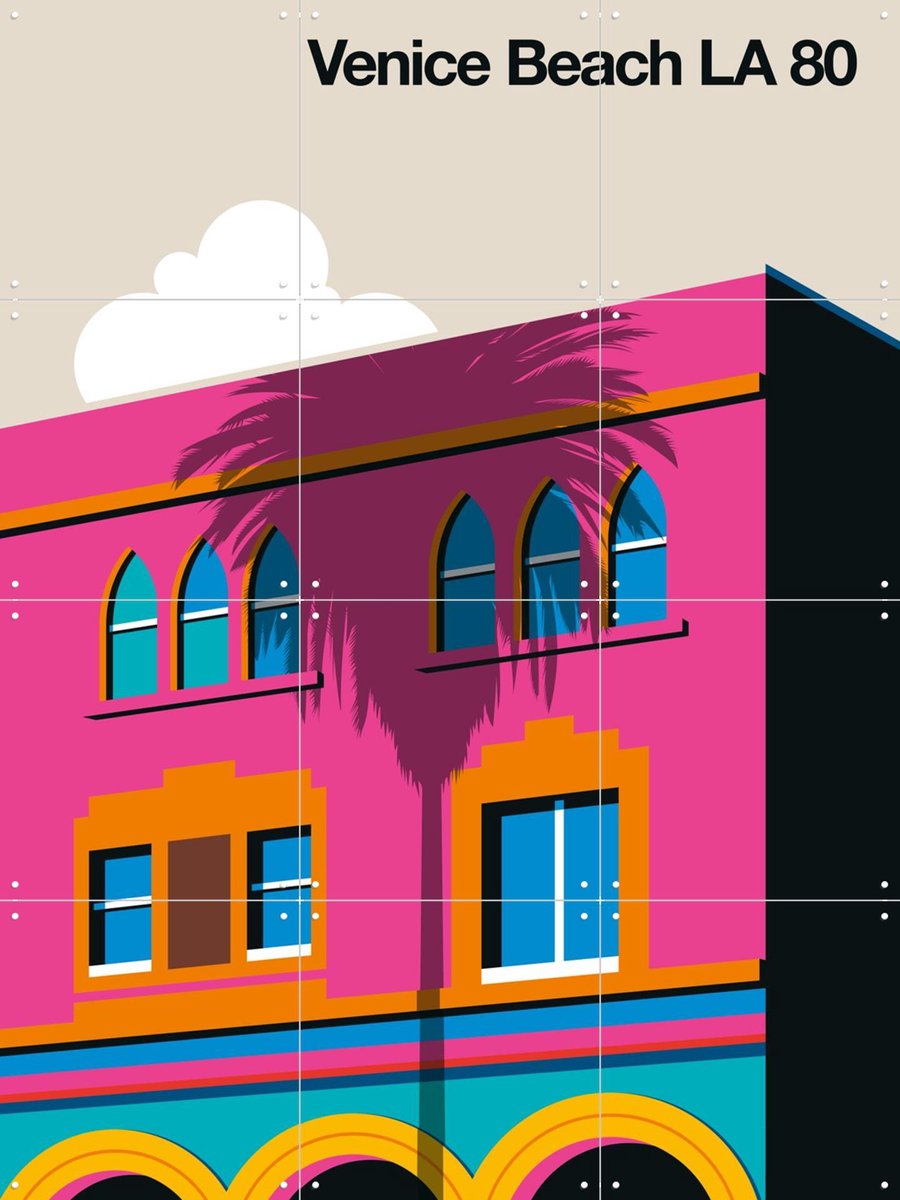 IXXI Venice Beach LA 80, Bo Lundberg - 60 x 80 cm - Gratis ophangtool - Grote wanddecoratie en posters - Kleurrijk, Illustraties, Architectuur