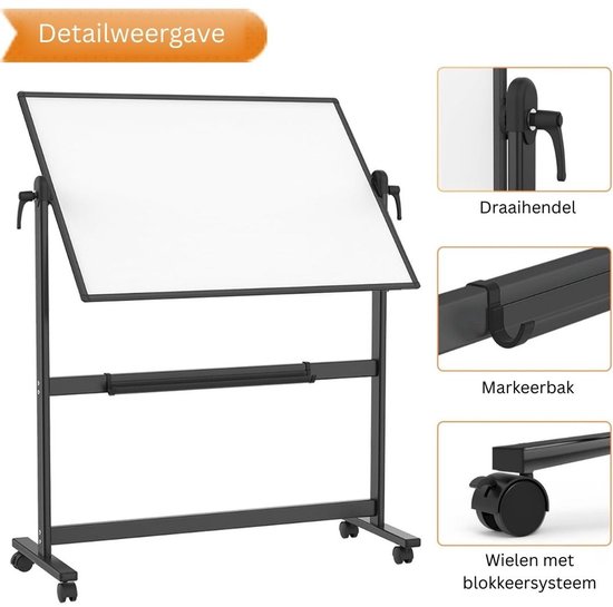 Detail weergave van draaihendel, markerbak en wielen met blokkeersysteem.