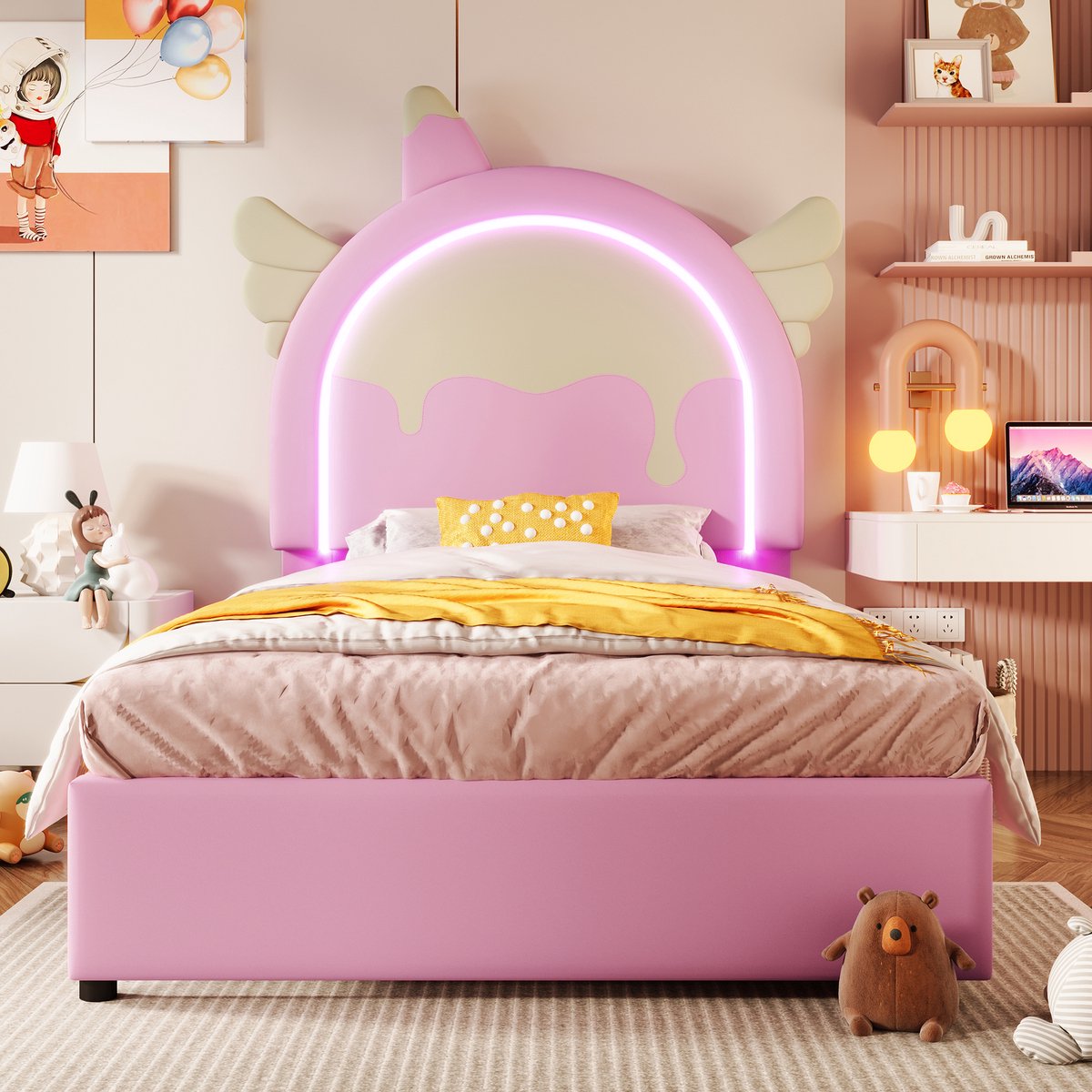 FloraGrace Gestoffeerd Bed 90x200 cm – Met Kleurrijke Lichtstrip – Met 2 Lades – Eenhoorn Kindbed – PU – Zonder Matras – Roze — cadeau in Cadeau-ideeën - foto 7