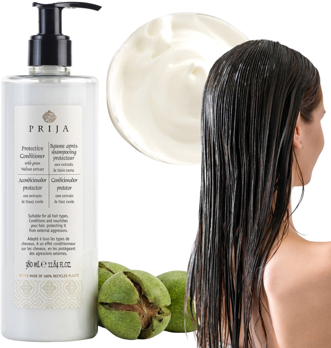 Prija Beschermende Conditioner met Groene Walnoot Extract - Crèmig, Voedend en Beschermend voor Alle Haartypen (380 ml) - Zacht, Handelbaar en Gezond Haar