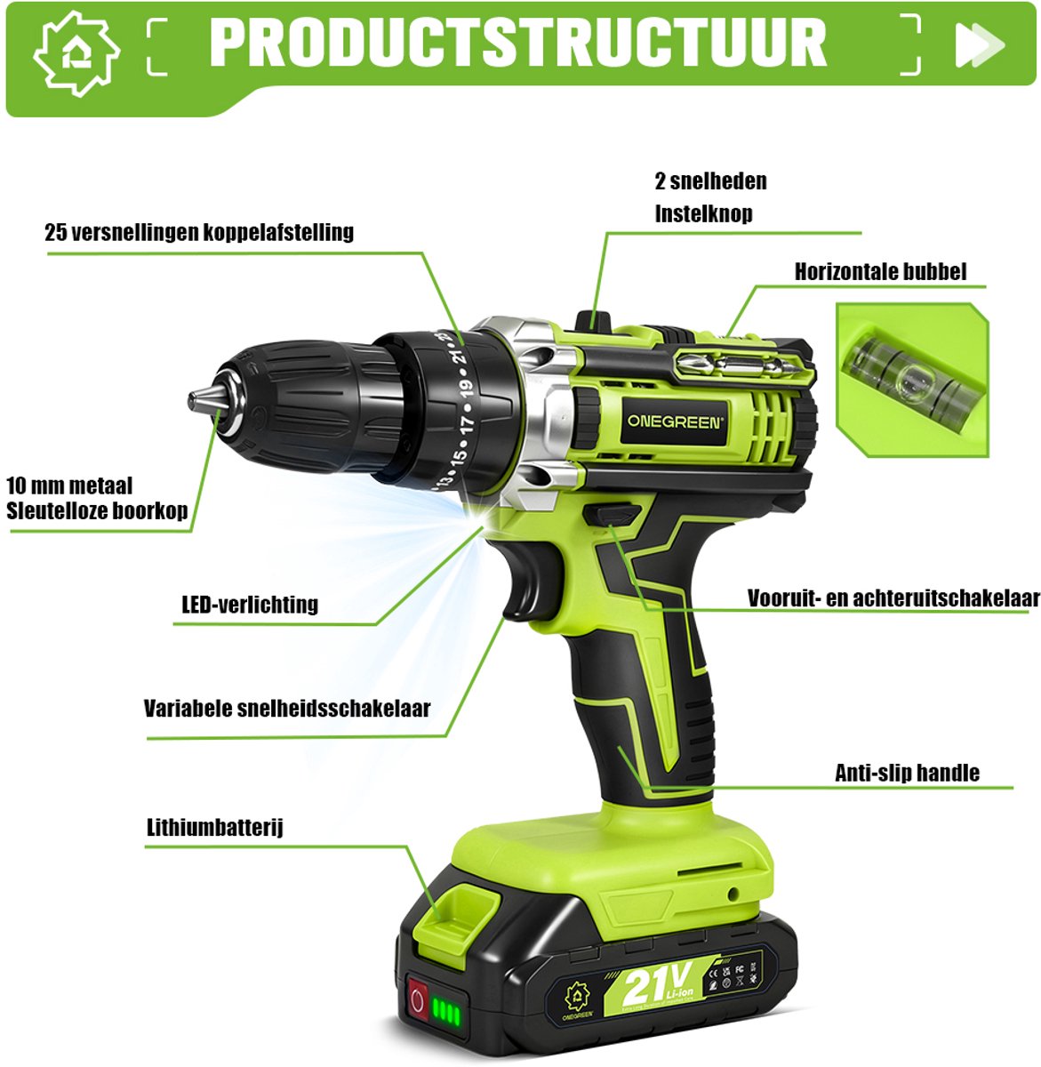 ONEGREEN Accuboormachine - 45 N·m Boormachine - Accu Schroefboormachine - 25+3 Standen - 2 Snelheden - LED - Boordriver Kit - voor Thuis & Klussen – foto 3