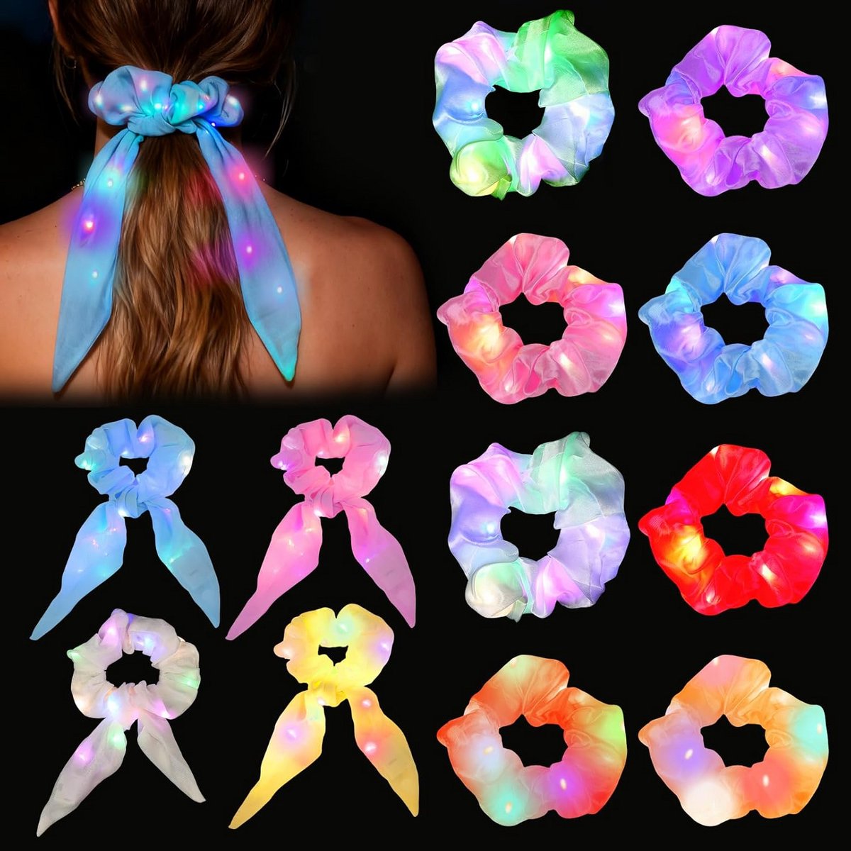 Set van 12 Lichtgevende Haaraccessoires met LED: Haarspelden en Strikken