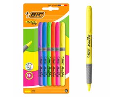 BIC Highlighter Grip Neon - 6 Pièces - Surligneurs Fluorescents 95% Naturel - 48h Sans Capuchon