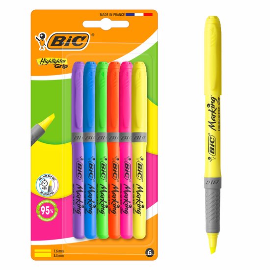 Un emballage de six feutres BIC Highlighter Grip violets, bleus, verts, oranges, roses et jaunes.