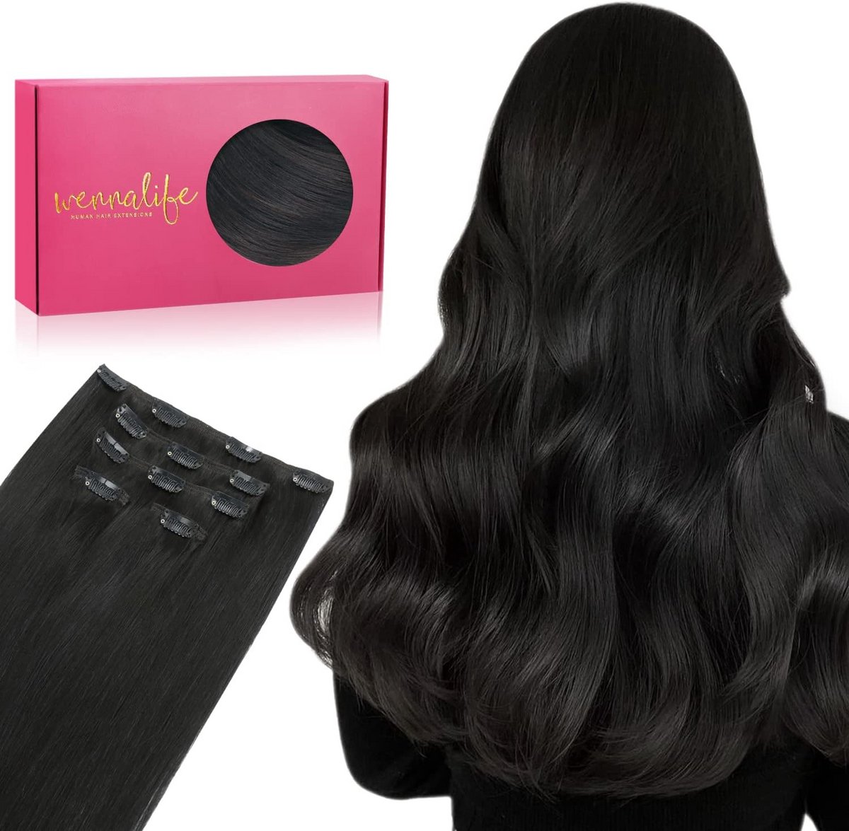 Clip-in Haarverlenging Echt Haar Zwart - 35 cm - Volle bundel