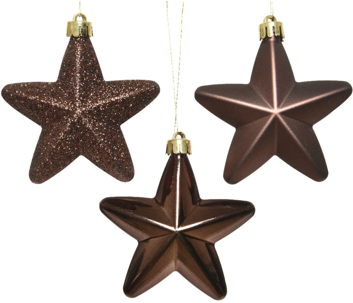 KAEMING B.V. - 6 chocolade sterren kerstboomhangers 7,5 cm glitter en mat
