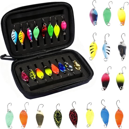 Set De 16 Leurres Cuillère Pour Truite – 3 Poids (2.5g, 3.5g, 5g), Hameçons Triples, Sac De Transport Inclus, Pour Rivière Et Lac