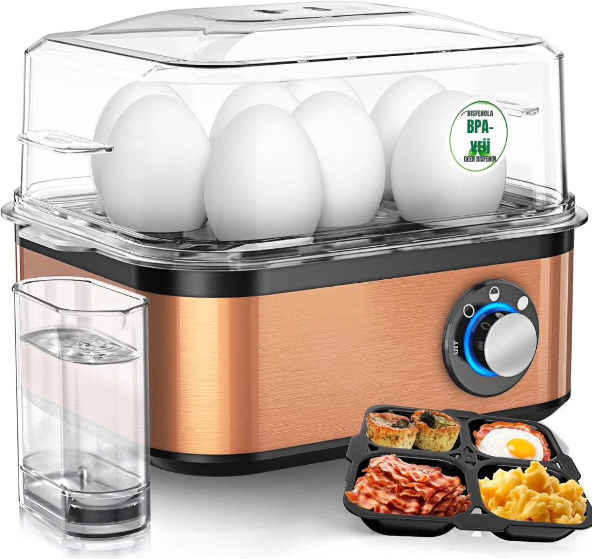 Aurixi® Eierkoker electrisch - Eierkoker - Eierkoker met timer - Zwart/Koper - 21cm x 21cm x 17cm