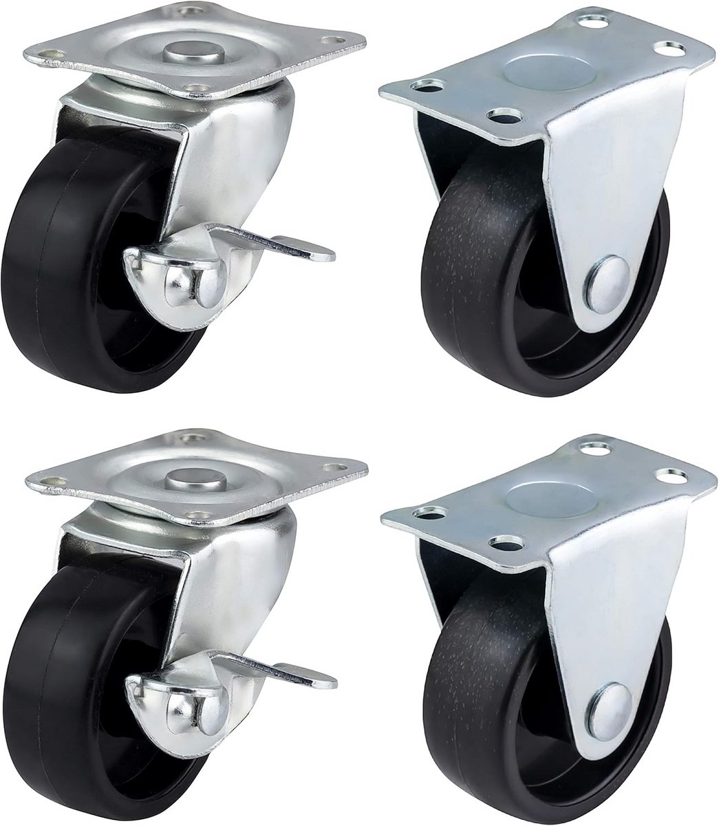 Set van 4 Zwenkwielen met Remmen, Zwarte Kunststof Wielen 40mm, Maximaal 100 kg