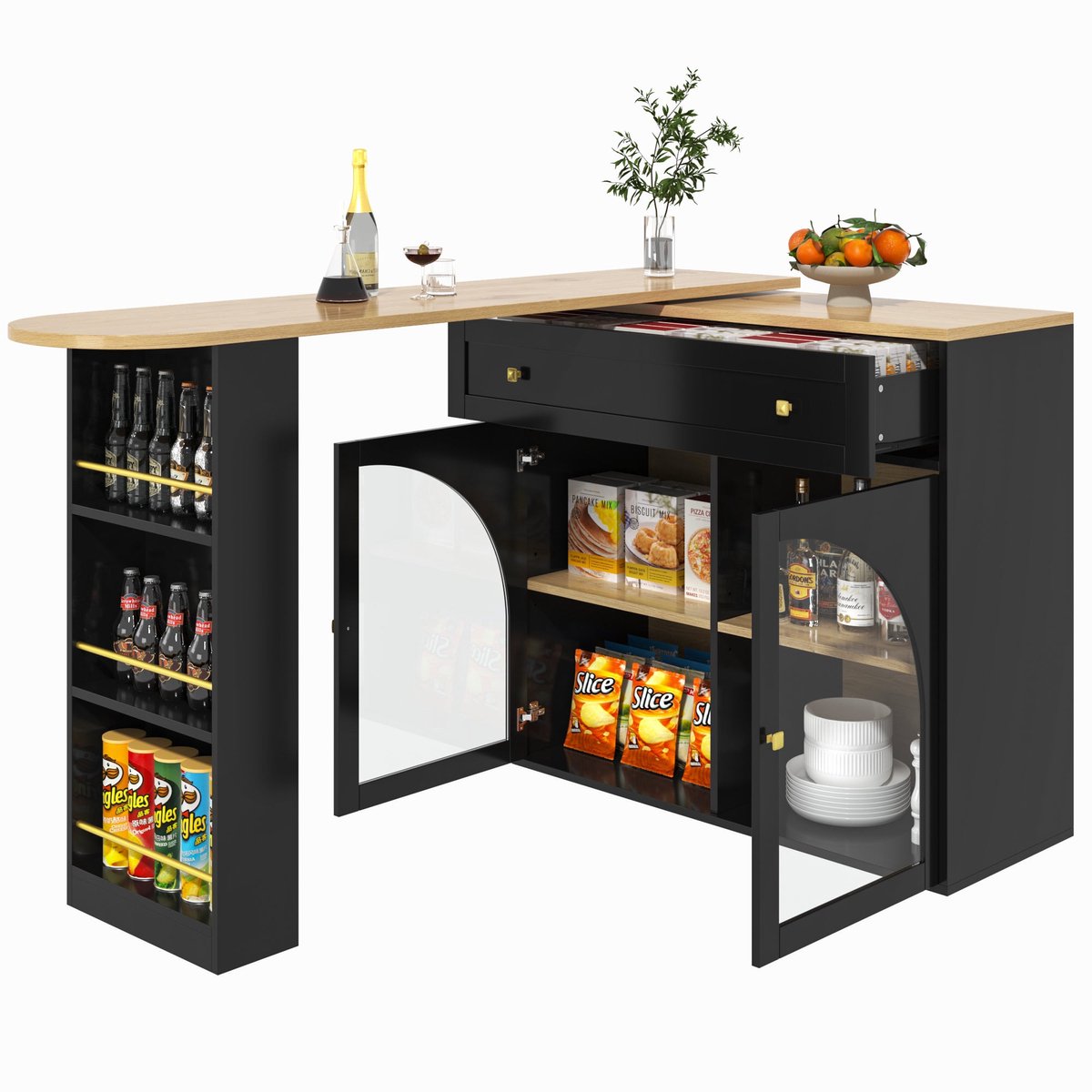 Merax Uitschuifbare Bartafel met Opbergruimte & Glasdeuren – 360° Draaibare Keukenbar/Keukeneiland – Barmeubel met Lade & 3-Niveaus Zijrek – Zwart – 138-204x39x104 cm