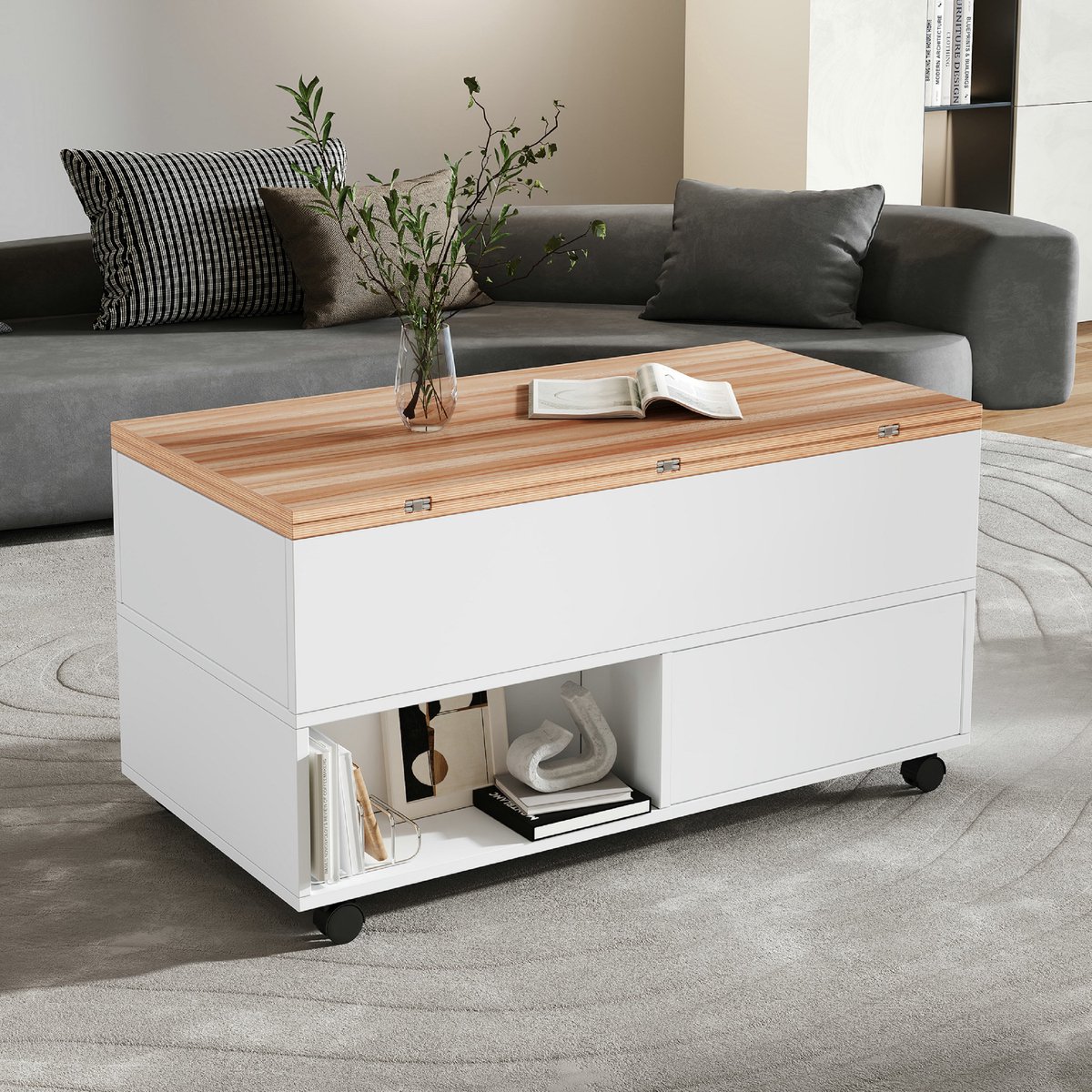 VVBV Salontafel - 100 × 50 × 52 cm - met 4 wielen - 4 lades - In hoogte verstelbaar tafelblad - Wit