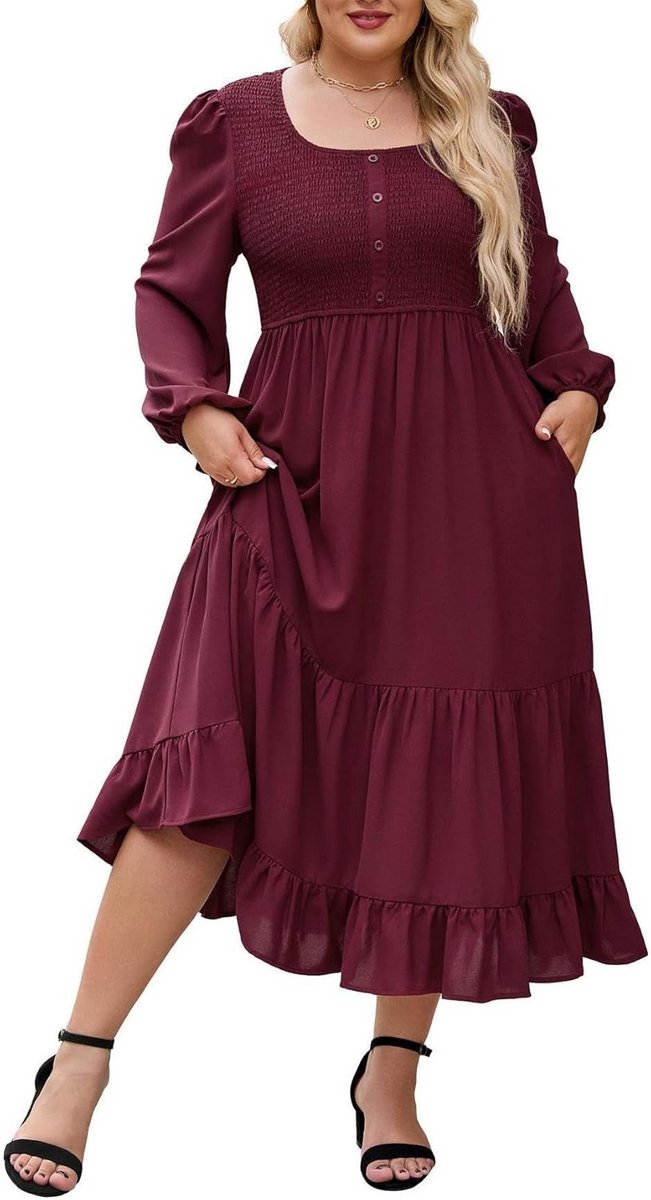 Elegante Midi Jurk met Lange Mouwen en Vierkante Hals voor Dames