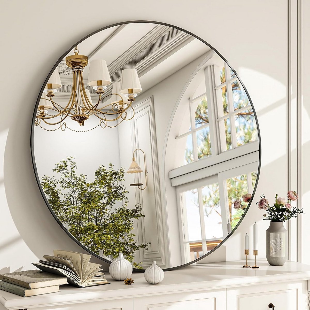 Ronde Wandspiegel Cirkel voor Badkamer en Woonkamer - Glas met Zwart Aluminium Frame
