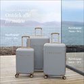 Drie grijze SUITSUIT koffers van verschillende formaten, waaronder handbagage en ruimbagage.
