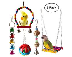 Vogel speelgoed Set - 5 stuks set - Houten vogelspeelgoed - Vogelschommel - Knabbelspeelgoed en bel - Speeltjes om op te klimmen voor grasparkieten, dwergpapegaaien, valkparkieten en kleine papegaaien