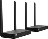 Twee zwarte zenders met antennes, één met 'transmitter', de ander met 'receiver' erop.