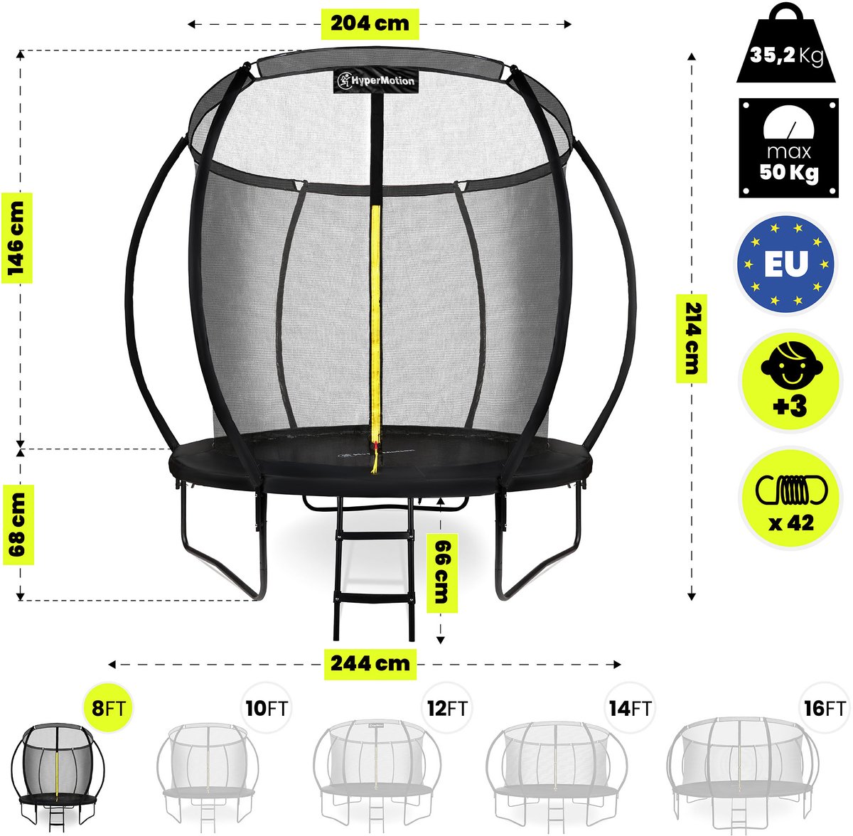 HyperMotion Kindertuintrampoline 3+, trampoline met ladder en binnennet voor huis en tuin, kinderspeelplaats, kindertrampoline, dubbele poten, 244 cm, 8 ft — afbeelding 12