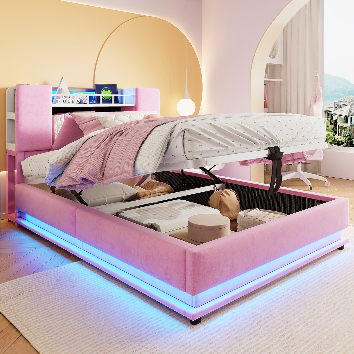 Wishdor Gestoffeerd Kinderbed – 90 x 200 cm – Ledverlichting en Usb-Aansluiting – Hydraulische Opbergruimte – Fluweel Roze – Opbergruimte in Hoofdbord – Metalen Lattenbodem – Veilig en Stijlvol voor Kinderkamer – Stabiel tot 150 kg