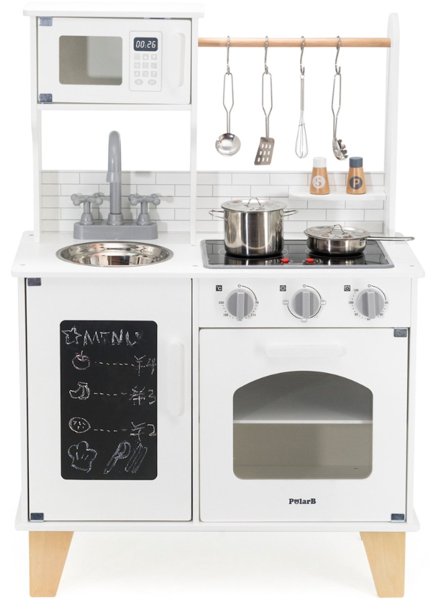 PolarB Houten Speelkeuken Wit – Kinderkeuken met Licht, Geluid & Schoolbord