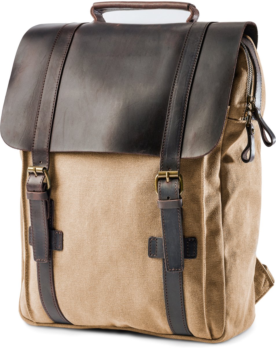 Lichtbruine Canvas en Donkere Leren Rugzak in Vintage Stijl