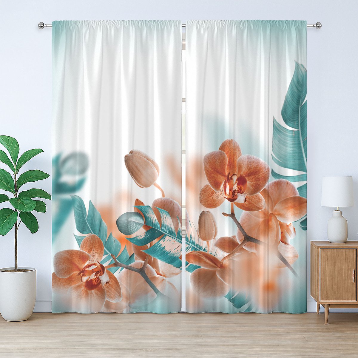 ABAKUHAUS Exotisch rustiek gordijn, orchideeënbloesem, slaapkamergordijn met plooien, lussen en haken, 280 x 245 cm, oranjegroen