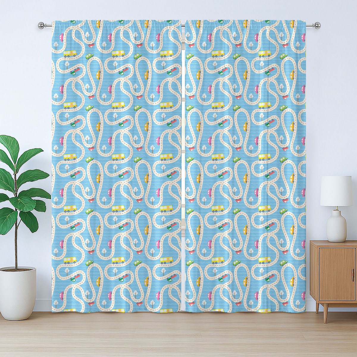 ABAKUHAUS Rustiek gordijn voor de kinderkamer met busjes, auto's en vrachtwagens, met lussen en haken , 280 x 260 cm, lichtblauw crème