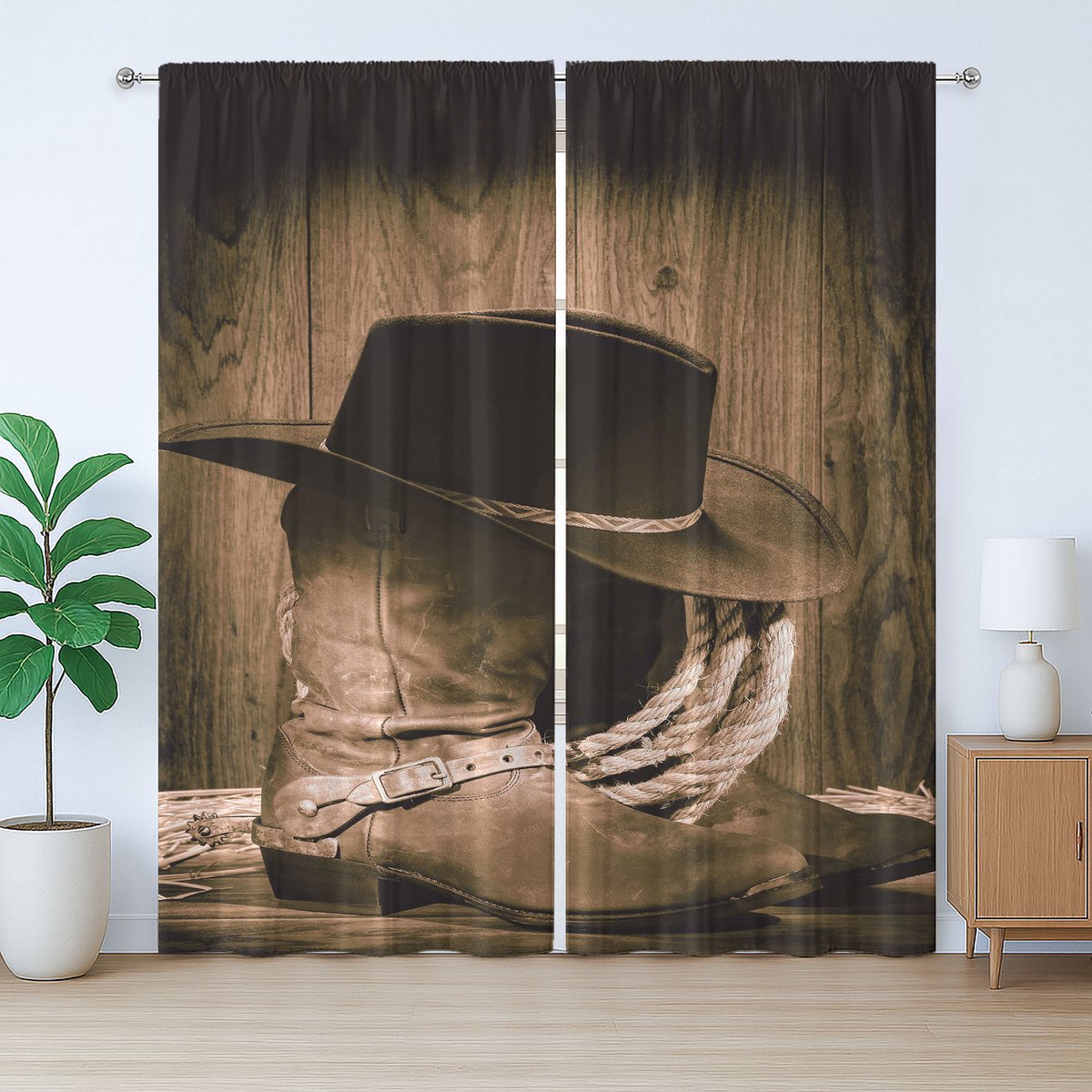 ABAKUHAUS Westerse rustieke gordijn, wild cowboyhoed van hout, slaapkamergordijn met lussen en haken, 280 x 260 cm, bruin