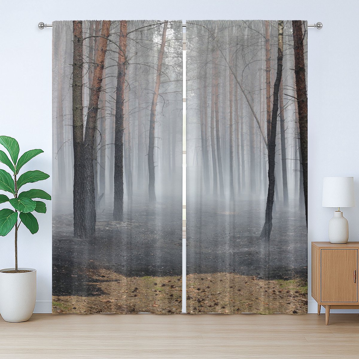 ABAKUHAUS Rustiek Mistgordijn, Verbrand Bos met Kale Bomen, Geplooid Gordijn voor de Slaapkamer met Lussen en Haken, 280 x 225 cm, Grijs Lichtbruin