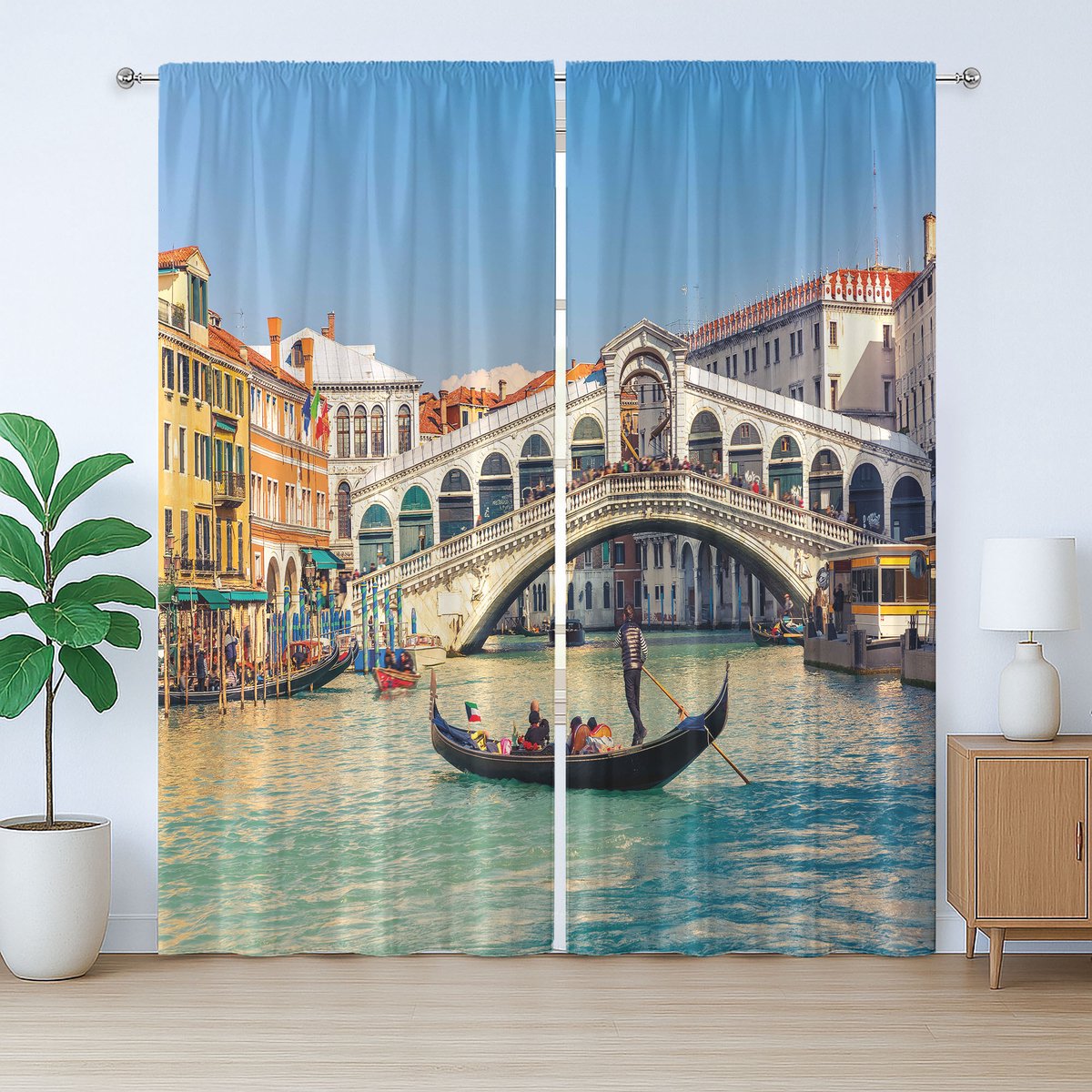 ABAKUHAUS Venetië Rustiek Gordijn, Zonnige Dag in de Stadsreis, met Bandjes en Lussen voor de Woonkamer, 280 x 175 cm, Wit Turkoois Geel