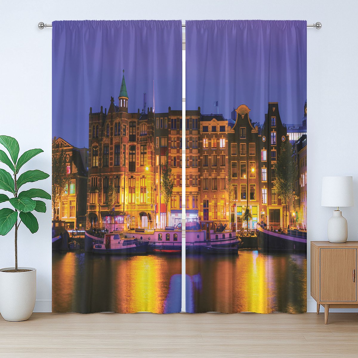 ABAKUHAUS Nederlands rustiek gordijn, foto van Amsterdam 's nachts, slaapkamergordijn met lussen en haken, 280 x 260 cm, violetblauw meerkleurig