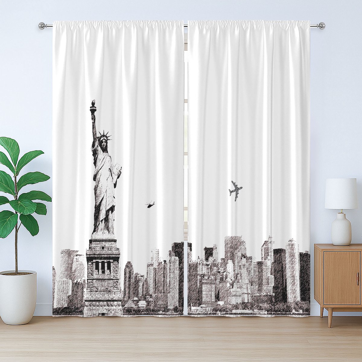 ABAKUHAUS Urban Rustic Gordijn, Stadsgezicht van New York, met Bandjes, Lussen en Haken voor de Woonkamer, 280 x 245 cm, Wit en Grijs