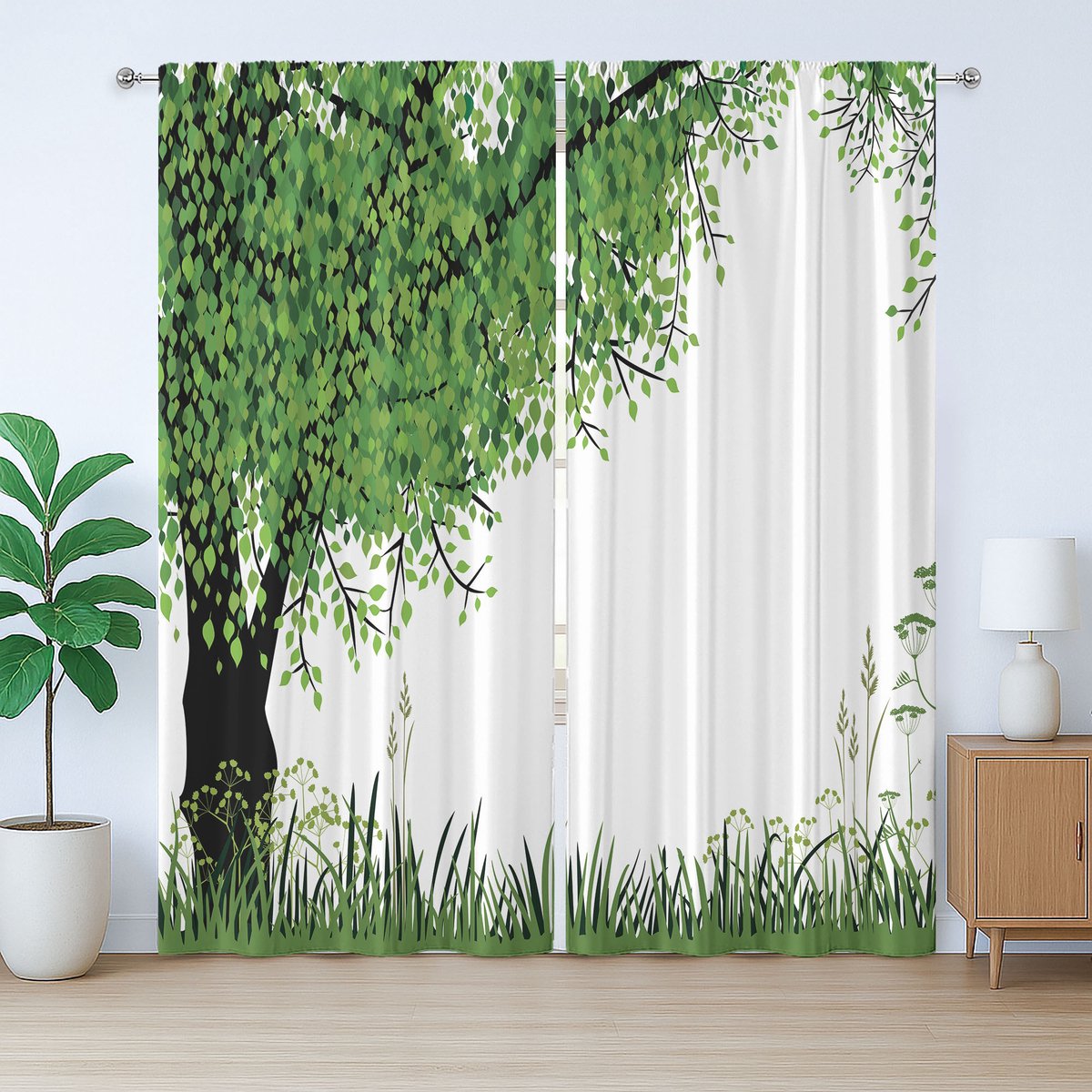 ABAKUHAUS Natuurlijk rustiek gordijn, boomgras zomer, slaapkamergordijn met plooien en haken, 280 x 245 cm, varen groen zwart