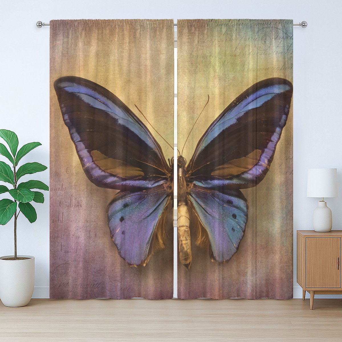 ABAKUHAUS Rustiek gordijn met vlinders, monarchvlinder, met lussen en haken voor de woonkamer, 280 x 175 cm, geel, paars, bruin