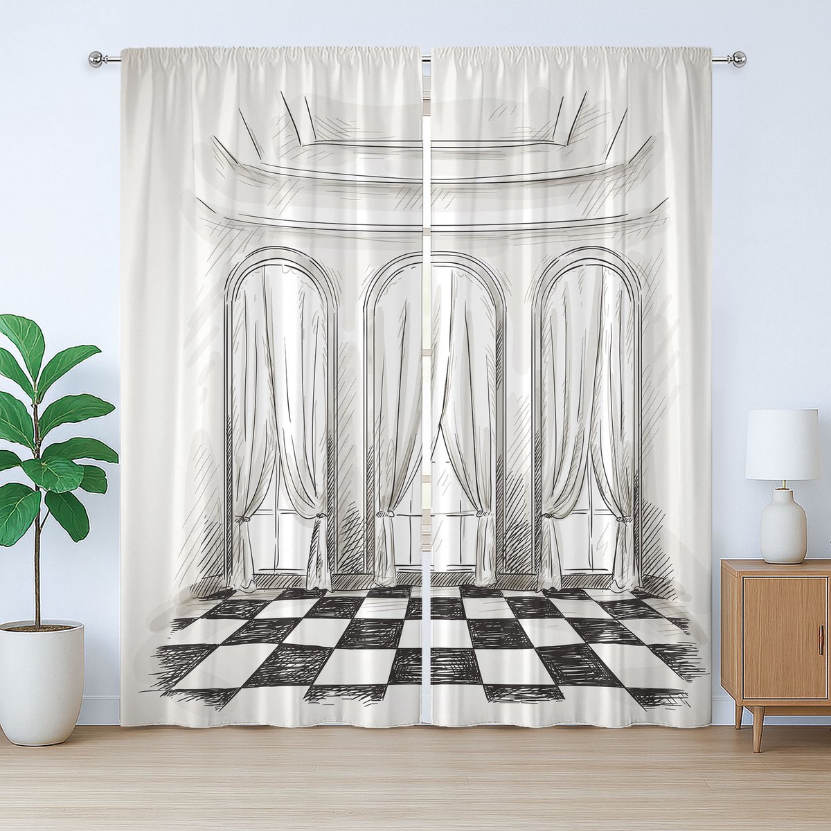 ABAKUHAUS Rustiek Schetsgordijn, Kasteelbarokgordijnen, Slaapkamergordijn met plooien, lussen en haken, 280 x 175 cm, Wit Zwart