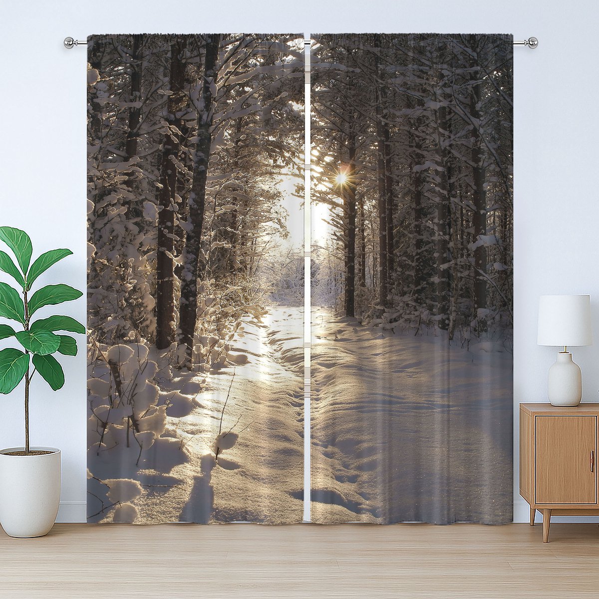 ABAKUHAUS Rustiek wintergordijn, kerstsneeuwbos, met lussen en haken voor de woonkamer, 280 x 245 cm, lichtgeelbruin