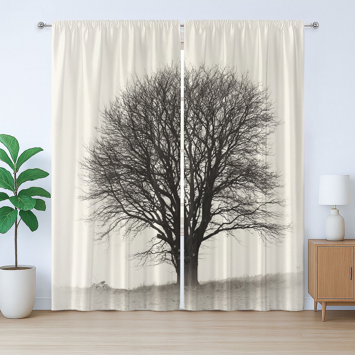 ABAKUHAUS Landelijk Rustiek Gordijn, Takkenveld, Slaapkamergordijn met Plooiing, Lusjes en Haken, 280 x 245 cm, Ivoor Donkergrijs