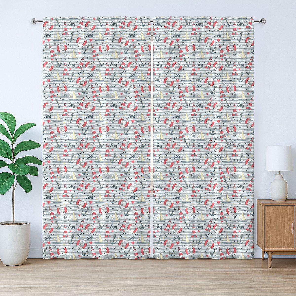 ABAKUHAUS maritiem rustiek gordijn, boei, anker, schip, hart, met lussen en haken voor de woonkamer, 280 x 225 cm, lichtblauwgroen koraalcrème