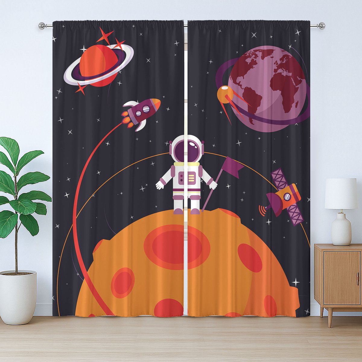 ABAKUHAUS Rustiek Gordijn, Astronauten Maanraketten, Geplooid Gordijn voor de Slaapkamer met Lussen en Haken, 280 x 260 cm, Multicolor