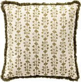 Dutch Decor FRANCINE - kussenhoes 45x45 cm - 100% katoen - bladmotief en franjes - Green Moss - groen, wit - met rits - zonder binnenkussen